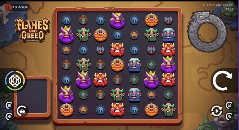 Flames and Greed - 7×7 ग्रिड के साथ मुख्य स्क्रीन